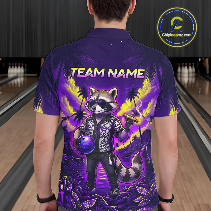 Funny Cool Raccoon Bowling Ball Shirt For Men Custom Blue Tropical Team Jersey Bowling League NBT903