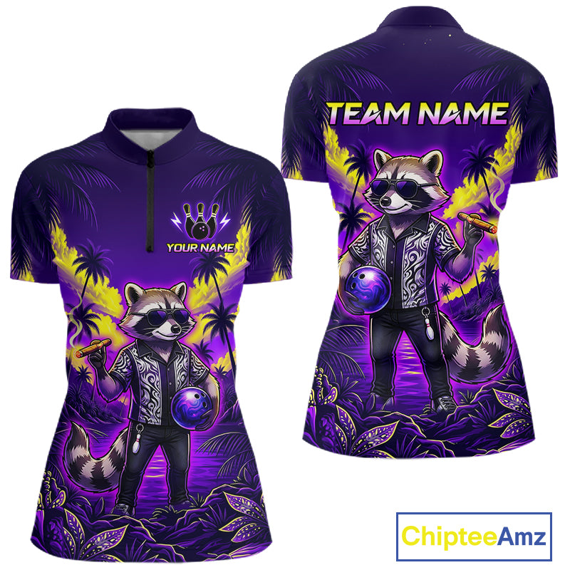 Funny Cool Raccoon Bowling Ball Shirt For Women Custom Blue Tropical Team Jersey Bowling League NBT903