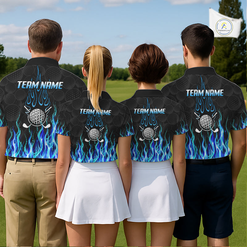 Golf team wearing matching blue flame pattern polo shirts, custom name & team name, tailored fit
