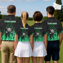 Load image into Gallery viewer, Golf team wearing matching blue flame pattern polo shirts, custom name &amp; team name, tailored fit