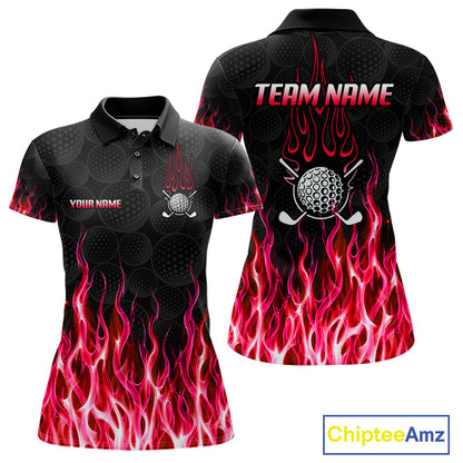 Womens golf polo shirt front and back view, custom team name, tailored fit for perfect golf swing