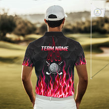 Load image into Gallery viewer, Model wearing golf polo shirt red flame pattern, breathable cotton fabric on golf course