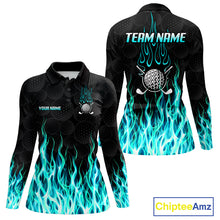 Load image into Gallery viewer, Womens long sleeve golf polo shirt front and back view, custom team name, tailored fit for perfect golf swing
