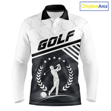 Load image into Gallery viewer, Golf team wearing matching black white golf player pattern polo shirts, custom name &amp; team name, tailored fit