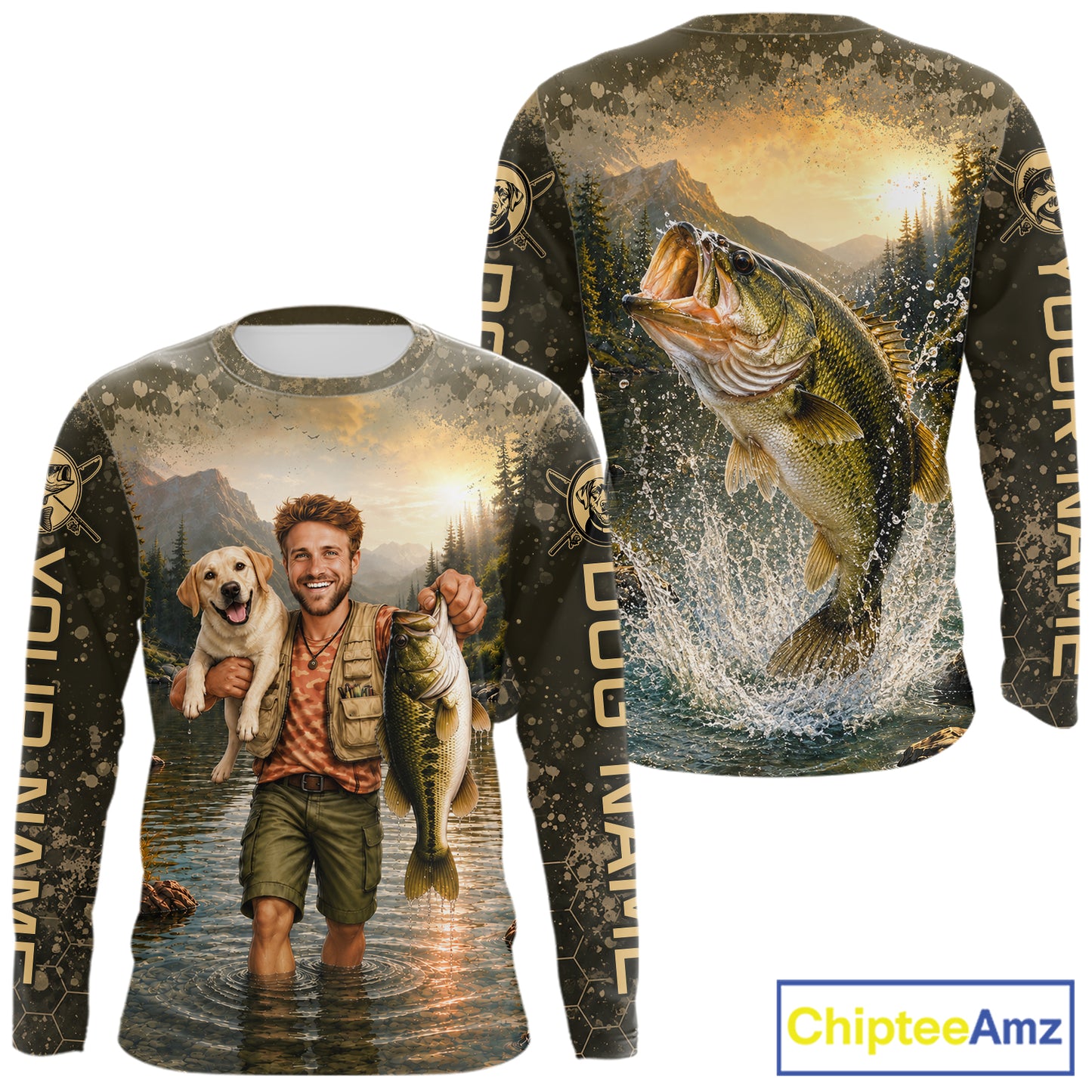 Custom Photo Bass And Dog Fishing Shirts Long Sleeve For Men, Sun Protection Shirts NBT734