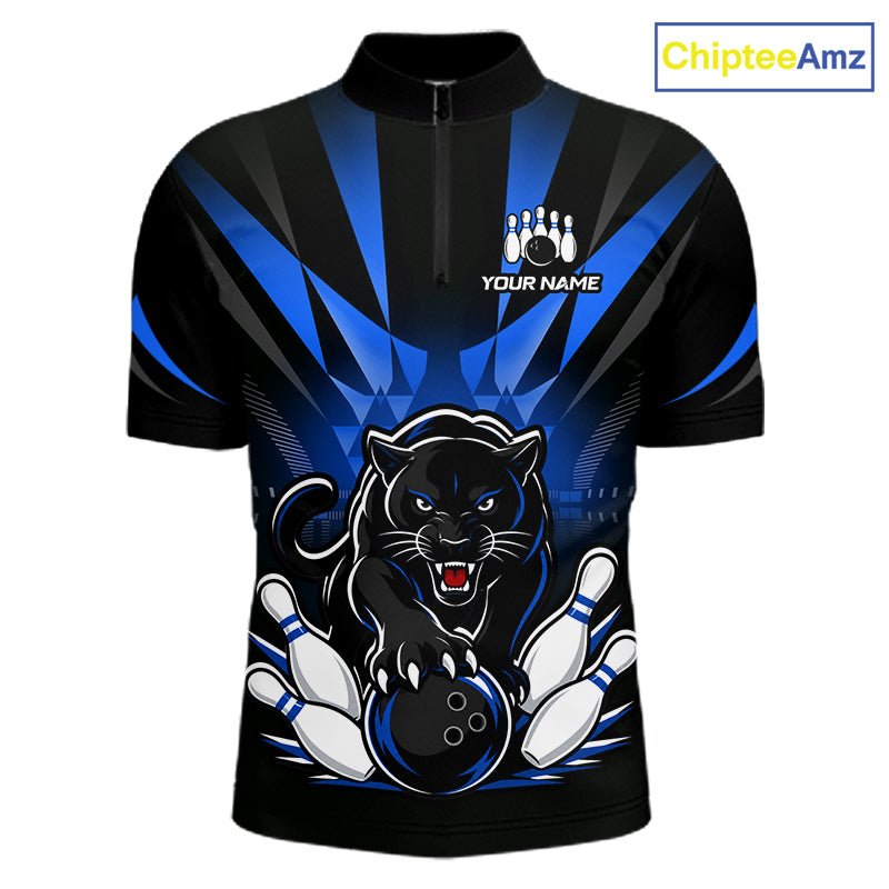 Custom Black And Blue Leopard Bowling Jerseys, Leopard Bowling Team Men Polo & 1/4 Quarter-Zip Shirts NBT914