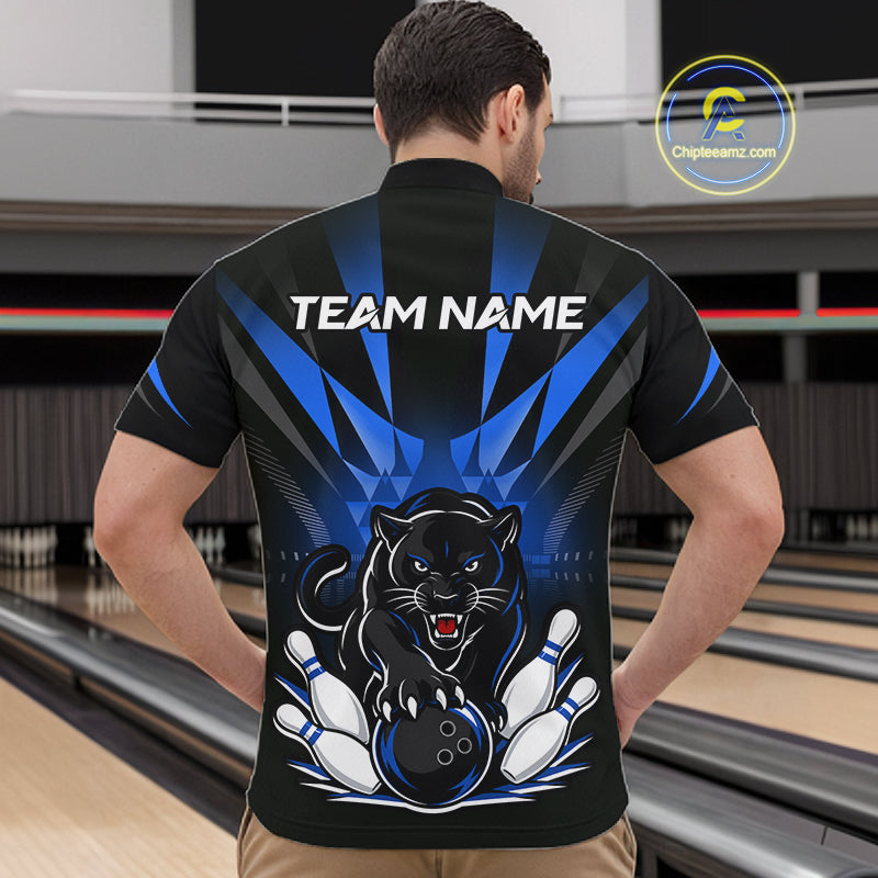 Custom Black And Blue Leopard Bowling Jerseys, Leopard Bowling Team Men Polo & 1/4 Quarter-Zip Shirts NBT914
