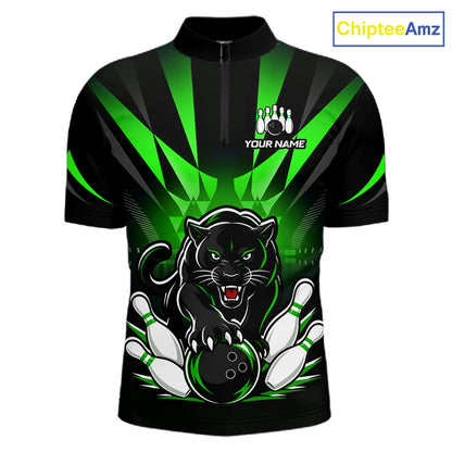 Custom Black And Green Leopard Bowling Jerseys, Leopard Bowling Team Men Polo & 1/4 Quarter-Zip Shirts NBT915