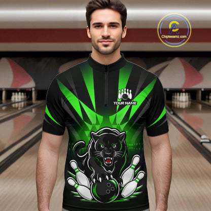 Custom Black And Green Leopard Bowling Jerseys, Leopard Bowling Team Men Polo & 1/4 Quarter-Zip Shirts NBT915
