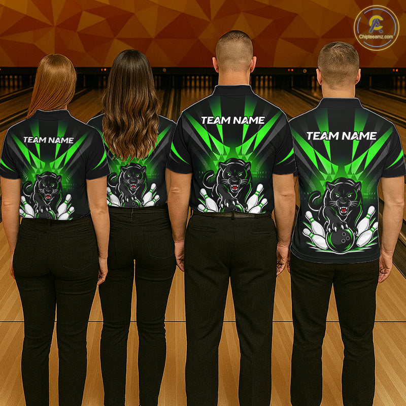 Custom Black And Green Leopard Bowling Jerseys, Leopard Bowling Team Men Polo & 1/4 Quarter-Zip Shirts NBT915