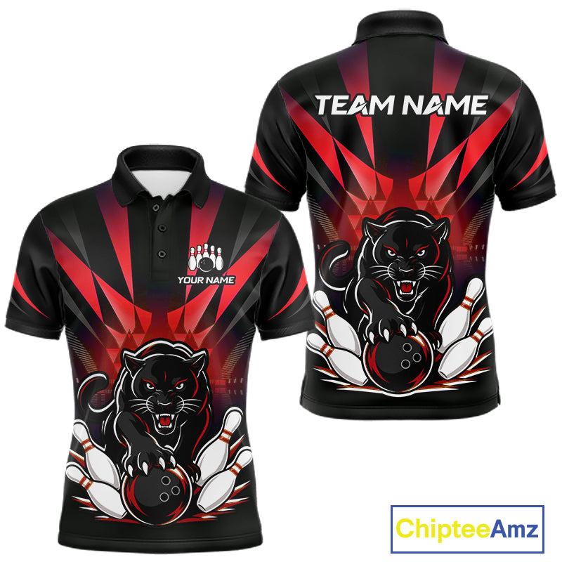 Custom Black And Red Leopard Bowling Jerseys, Leopard Bowling Team Men Polo & 1/4 Quarter-Zip Shirts NBT917