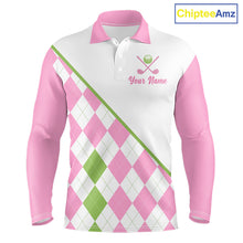 Load image into Gallery viewer, Funny mens long sleeve golf polo shirt pink argyle pattern I Hate Golf Nice Shot I Love Golf - front view