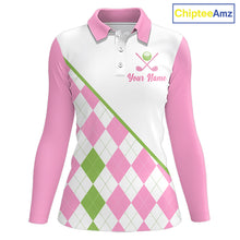 Load image into Gallery viewer, front view funny golf slogan pink argyle long sleeve womens golf polo shirt