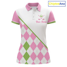 Load image into Gallery viewer, front view funny golf slogan pink argyle womens golf polo shirt