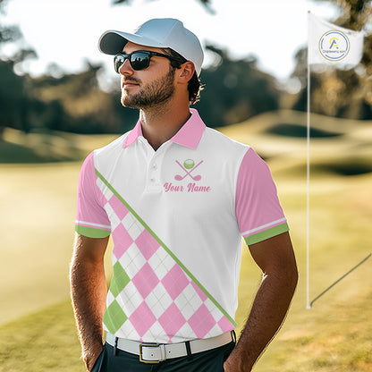 Men golfer wearing custom blue and yellow argyle pattern golf shirt