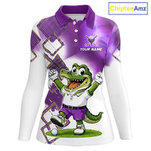 Load image into Gallery viewer, Funny Alligator Womens Golf Polo Shirt Custom Name, Team Golf Shirts, Golf Gifts | Purple NBT840