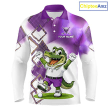 Load image into Gallery viewer, Front view of funny alligator mens long sleeve golf polo shirt in purple with custom name on chest, team golf shirts and golf gifts design