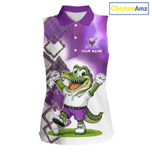 Load image into Gallery viewer, Funny Alligator Womens Sleeveless Golf Polo Shirt Custom Name, Team Golf Shirts, Golf Gifts | Purple NBT840