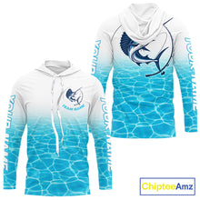 Load image into Gallery viewer, Custom Marlin Fishing Long Sleeve Hooded Performance Fishing Shirts, Marlin Saltwater Fishing Shirt NBT620