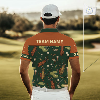 Vintage 1990s Golf Pattern Mens Golf Polo Shirt, Golf Attire For Men, Golfer Gifts|Brown NBT615