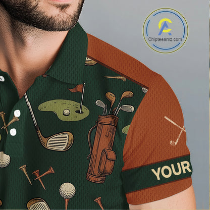 Vintage 1990s Golf Pattern Mens Golf Polo Shirt, Golf Attire For Men, Golfer Gifts|Brown NBT615