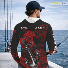 Load image into Gallery viewer, Angler wearing Custom Marlin Fishing Ocean Camo Long Sleeve Hooded Fishing Shirt Marlin Saltwater Fishing Jersey, breathable UPF 30+ long sleeve hooded fishing shirt on the boat