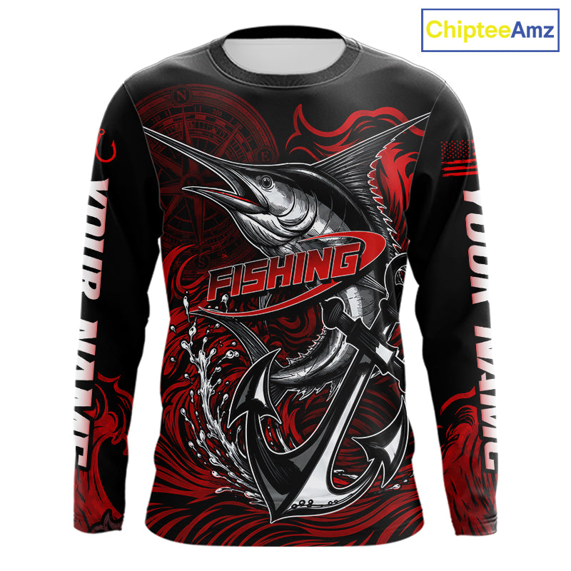 Front view of Marlin Saltwater Fishing Shirt custom ocean camo long sleeve hooded UPF Marlin fishing shirt