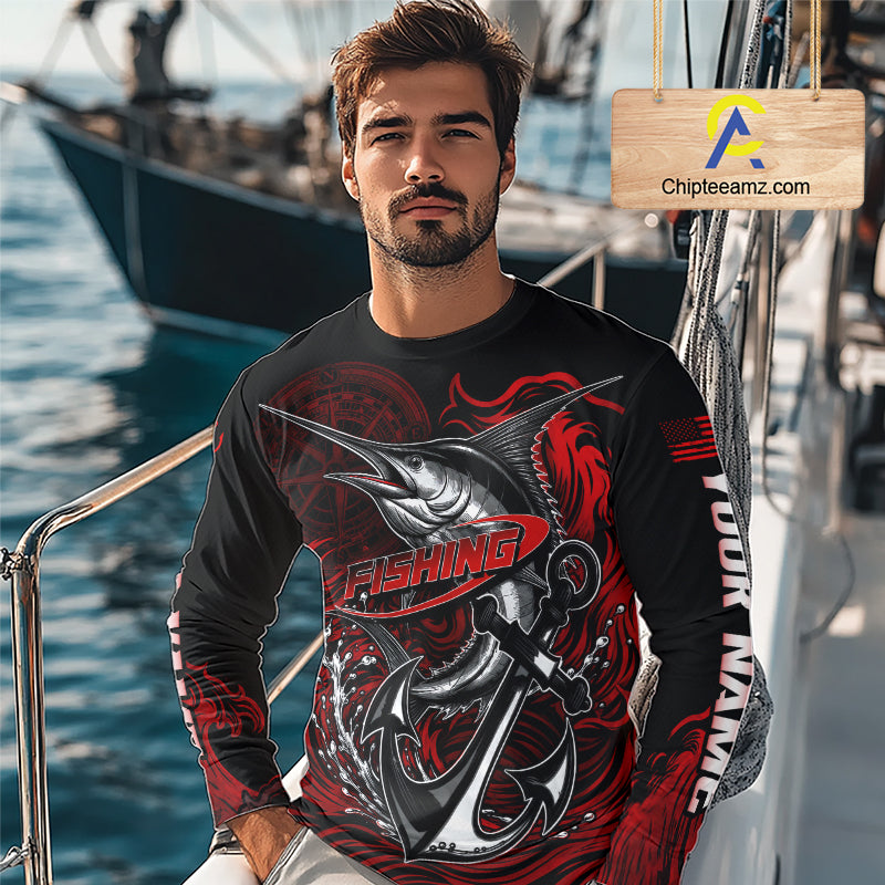 Model wearing Marlin Saltwater Fishing Shirt custom ocean camo long sleeve UPF on boat offshore tournament fishing
