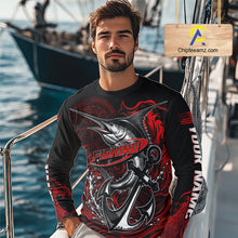 Load image into Gallery viewer, Model wearing Marlin Saltwater Fishing Shirt custom ocean camo long sleeve UPF on boat offshore tournament fishing