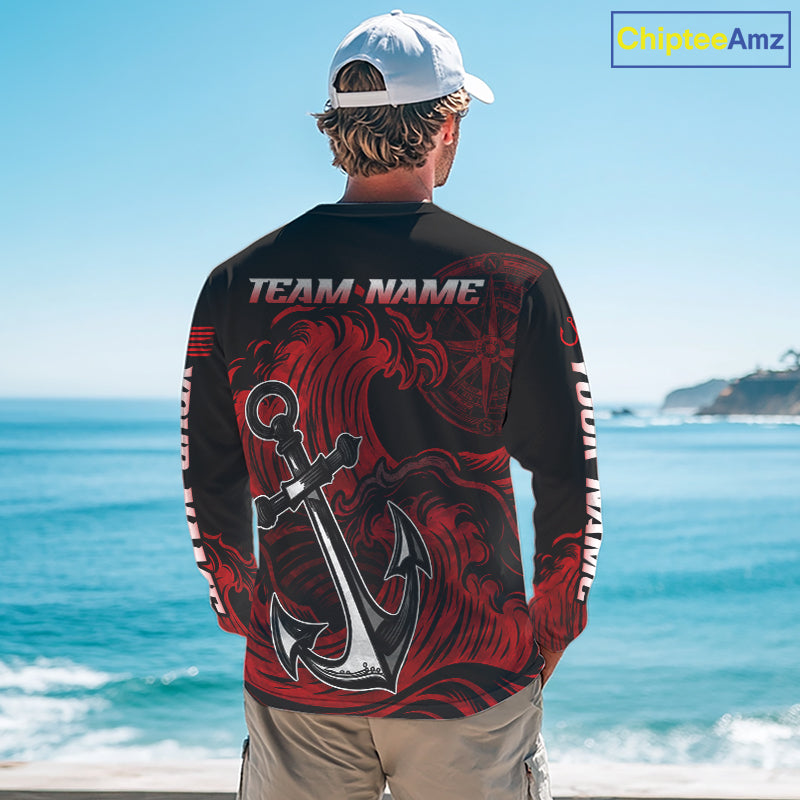 Model wearing Marlin Saltwater Fishing Shirt custom ocean camo long sleeve UPF on boat offshore tournament fishing