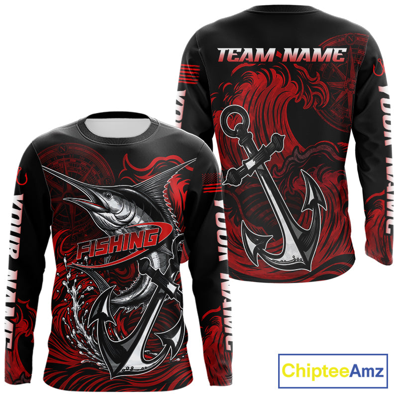 Front and back view of Marlin Saltwater Fishing Shirt custom ocean camo long sleeve hooded UPF Marlin fishing shirt