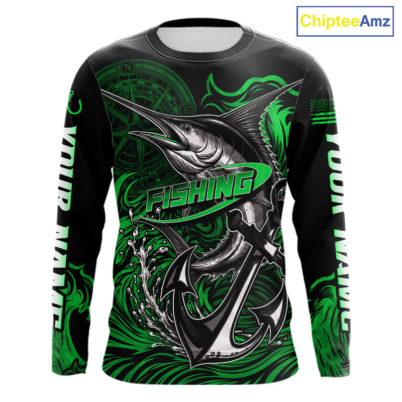 Front view of Marlin Saltwater Fishing Shirt custom ocean camo long sleeve UPF Marlin fishing shirt