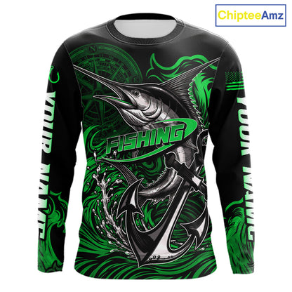 Front view of Marlin Saltwater Fishing Shirt custom ocean camo long sleeve UPF Marlin fishing shirt