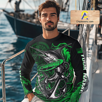 Model wearing Marlin Saltwater Fishing Shirt custom ocean camo long sleeve UPF on boat offshore tournament fishing