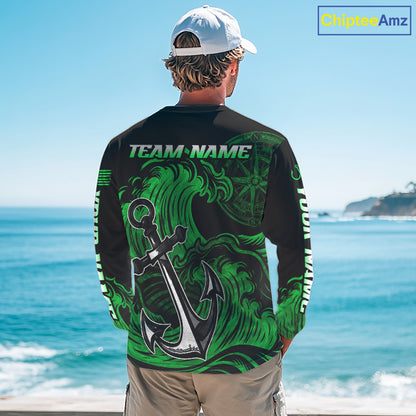 Model wearing Marlin Saltwater Fishing Shirt custom ocean camo long sleeve UPF on boat offshore tournament fishing