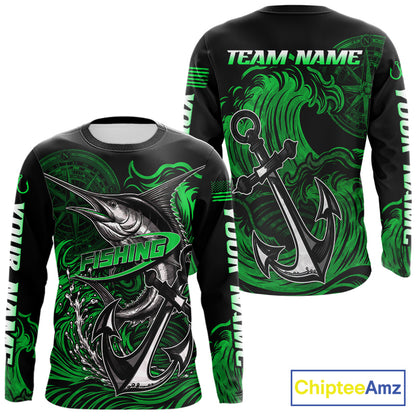 Front and back view of Marlin Saltwater Fishing Shirt custom ocean camo long sleeve UPF Marlin fishing shirt