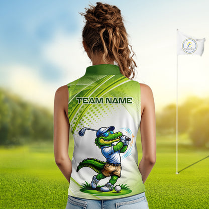 Funny White And Green Alligator Sleeveless Golf Polo Shirts For Women Custom Team Alligator Golf Outfit, Golfer Gifts NBT508