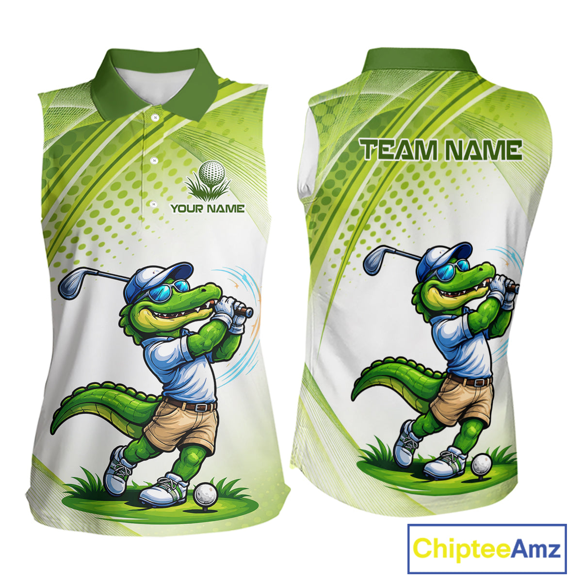 Funny White And Green Alligator Sleeveless Golf Polo Shirts For Women Custom Team Alligator Golf Outfit, Golfer Gifts NBT508