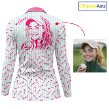 Load image into Gallery viewer, back view of long sleeve personalized golf polo shirt for mom with custom face &amp; name