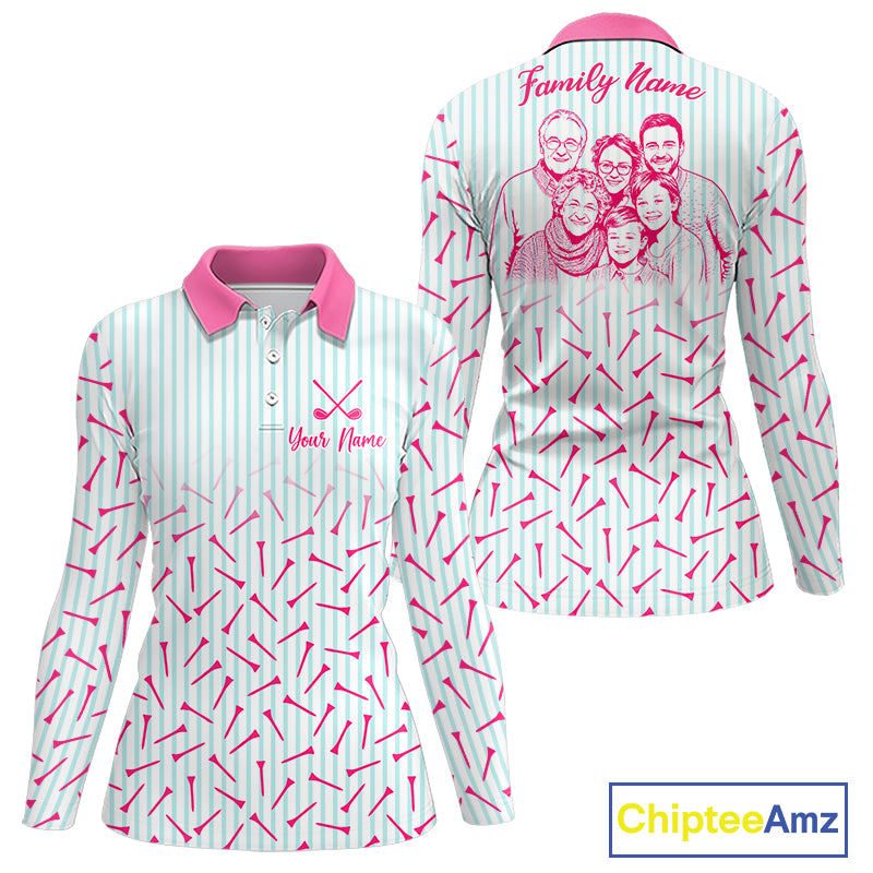 front and back view of long sleeve custom photo family golf polo shirt, matching family golf outfits