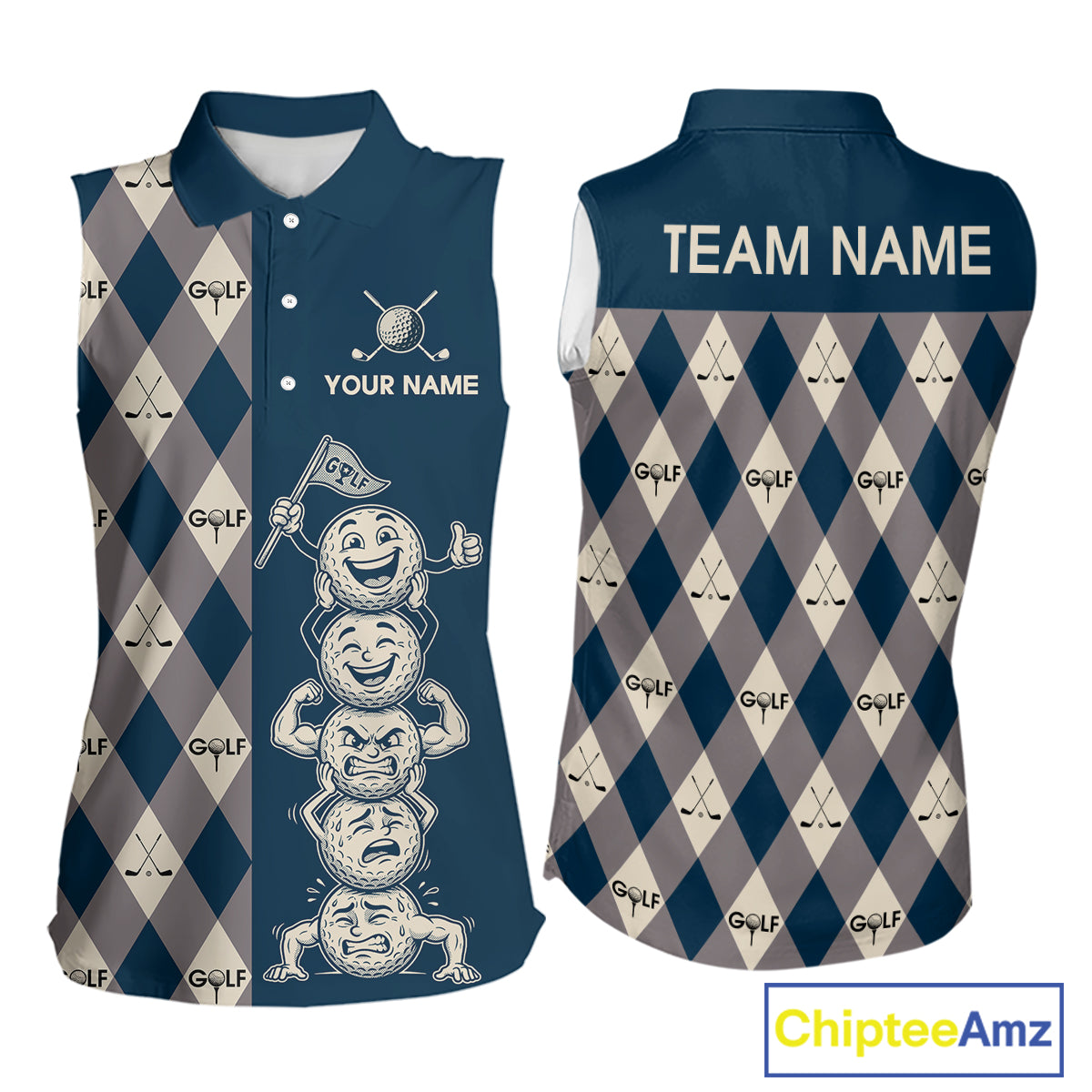 Funny Golf Ball Womens Sleeveless Golf Polo Shirts Custom Blue Argyle Pattern Golf Attire For Ladies, Golfer Gifts NBT627