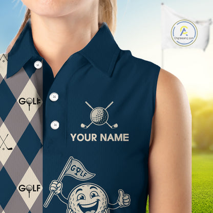 Funny Golf Ball Womens Sleeveless Golf Polo Shirts Custom Blue Argyle Pattern Golf Attire For Ladies, Golfer Gifts NBT627