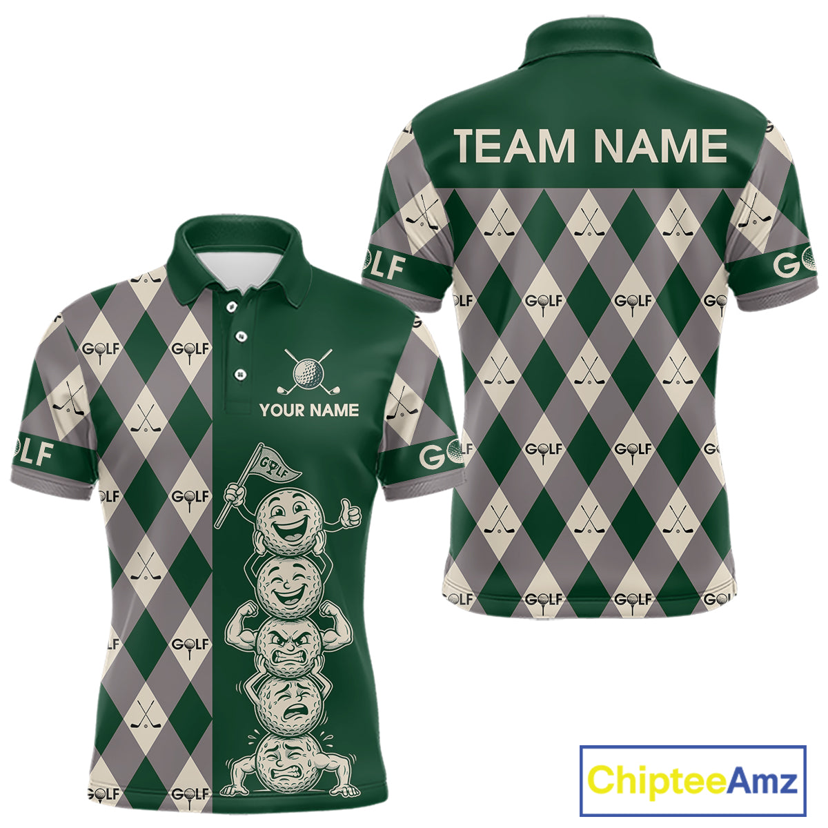 Funny Golf Ball Mens Golf Polo Shirts Custom Green Argyle Pattern Golf Attire For Men, Golfer Gifts NBT628