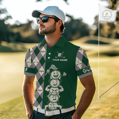 Funny Golf Ball Mens Golf Polo Shirts Custom Green Argyle Pattern Golf Attire For Men, Golfer Gifts NBT628
