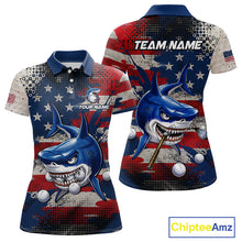 Load image into Gallery viewer, Front and back view funny womens polo golf shirt American Flag custom shark golf shirt funny golf gift with personalized name