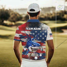 Load image into Gallery viewer, Golfer wearing funny mens polo golf shirt American Flag custom shark golf shirt on the golf course