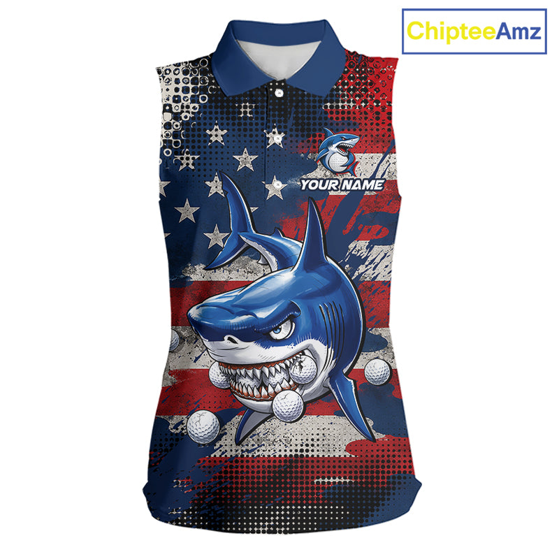 Front view funny womens sleeveless polo golf shirt American Flag custom shark golf shirt funny golf gift