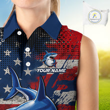 Load image into Gallery viewer, Shirt with shark design and American flag pattern, with custom name on the chest