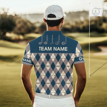 Blue Argyle Plaid Pattern Mens Golf Polo Shirts Custom Golf Attire For Men, Team Golf Shirt NBT636