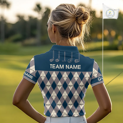 Blue Argyle Plaid Pattern Womens Golf Polo Shirts Custom Golf Attire For Ladies, Team Golf Shirt NBT636